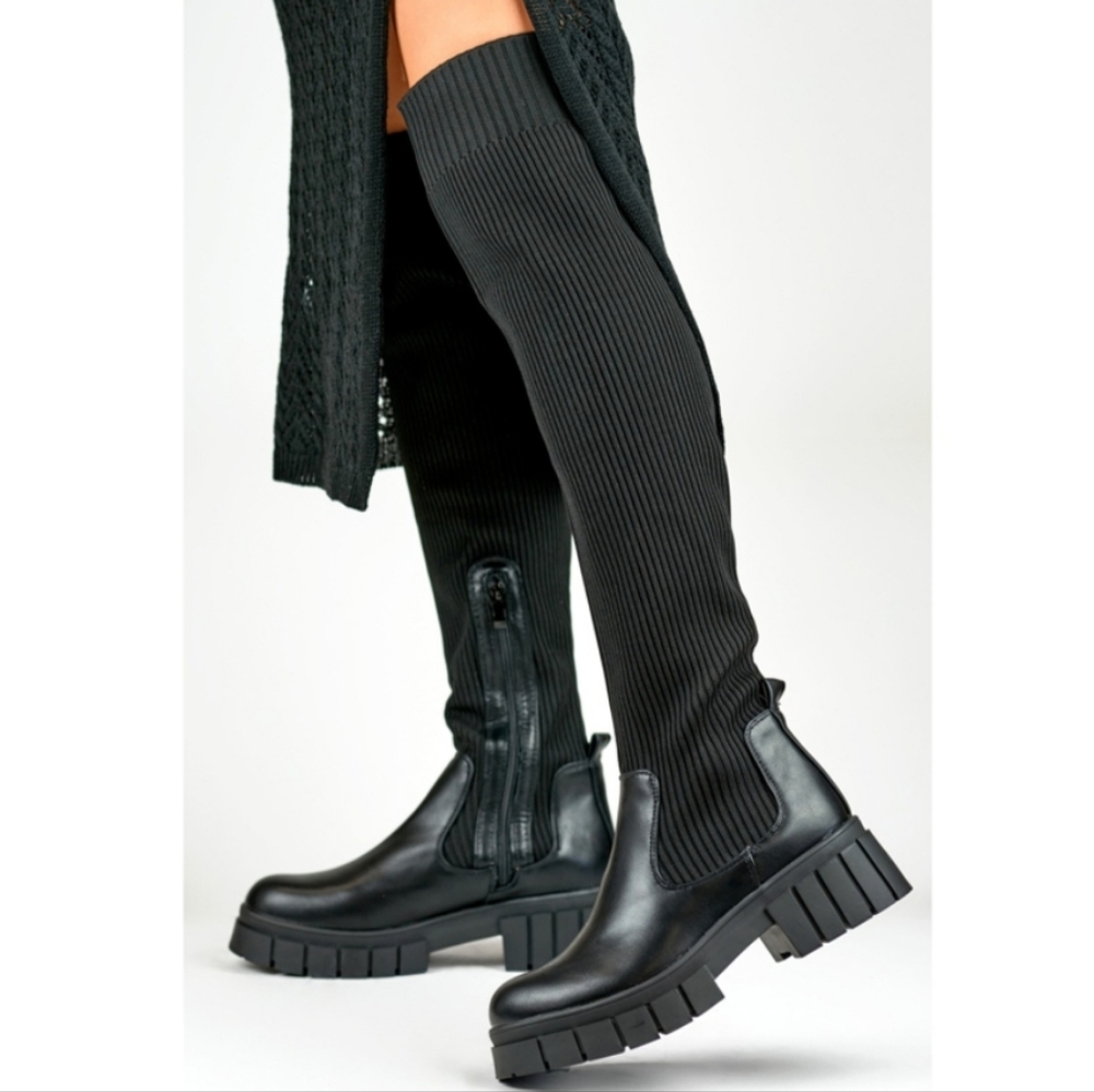 Black Chunky Platform Knee-High Boots